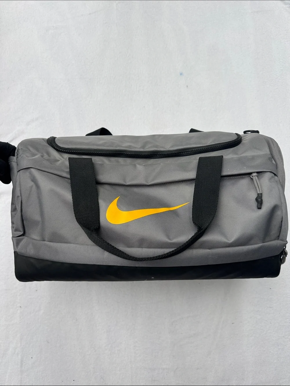 Nike Gray Duffel Bag with Yellow Swoosh - Men's Sports Gear w/ Shoe Compartment